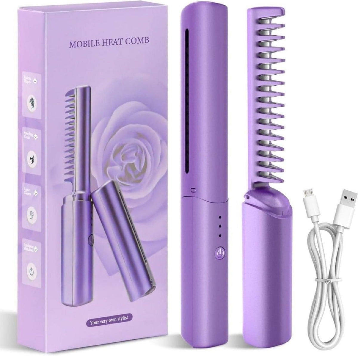 Wallydeals-Portable Mini, Cordless Rechargeable and Adjustable Hair Straightener Hot Comb