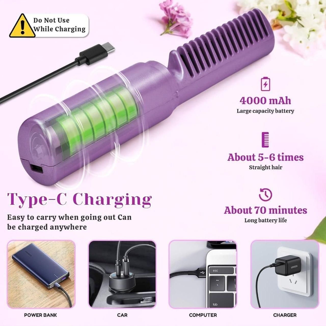 Wallydeals-Portable Mini, Cordless Rechargeable and Adjustable Hair Straightener Hot Comb